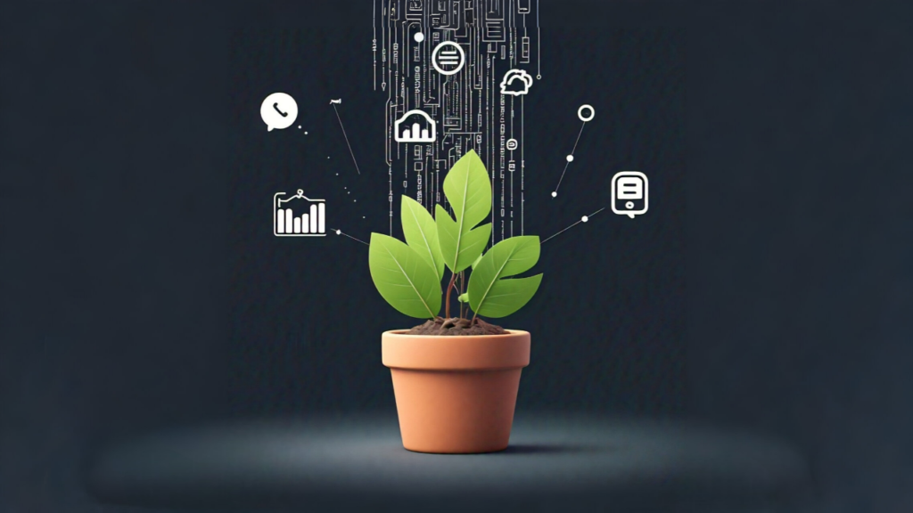 A small potted plant, representing a small business, growing rapidly under a stylized beam of light composed of digital code and data streams (representing AI).